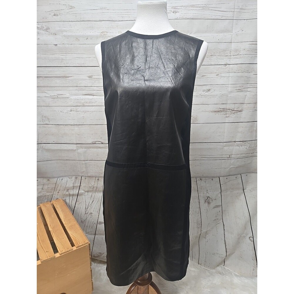Vince Sleeveless Black Shift Dress Women's 4 Leather Block‎ Pattern Silk Mini